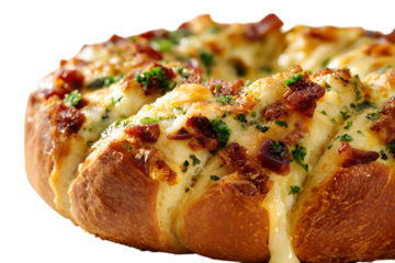 Close up of cheesy garlic bread with melted cheese. Delicious appetizer, comfort food.