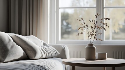 Naklejka premium Beige Sofa with Dried Flowers in Vase on Wooden Coffee Table near Window pillows