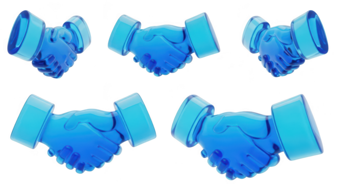 Rendered blue handshake icons Set of digitally created 3D symbols on white background illustrating business agreement and collaboration Potential for web design