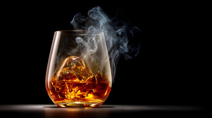 Whiskey Glass With Ice And Rising Smoke On Dark Background
