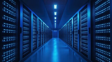 A centered, symmetrical shot inside a data center, looking down a polished hallway lined with blue-lit server racks on both sides, ending at a distant closed door
