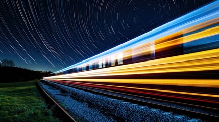 Naklejka premium At night, a fast passenger train blurs into streaks of light under a starry sky, with its motion highlighted by illuminated windows and glowing rails against dark scenery