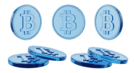 Blue cryptocurrency coins rotating in various positions on white background used for finance investment and trading concepts