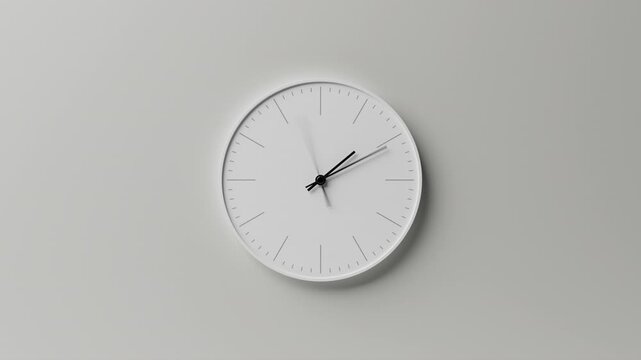 Close-up time-lapse of minimalist classic black wall clock, neutral light white background, soft sunlight, analog clock rapid passage of time, fast-forward timelapse, zoom in