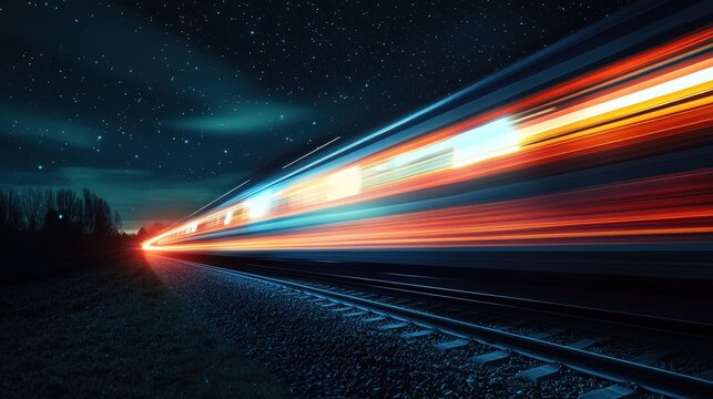 At night, a fast passenger train blurs into streaks of light under a starry sky, with its motion highlighted by illuminated windows and glowing rails against dark scenery