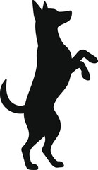 Dog silhouette standing on hind legs, playful posture, black vector animal design, pet training pose, canine motion concept illustration