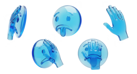 Blue 3D emoji with hand gestures on white representing emotions potentially for digital design or social media use