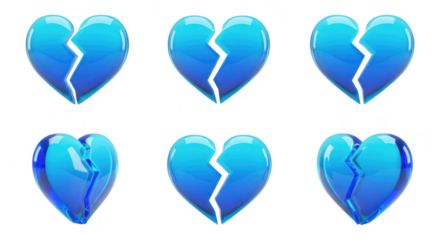 Six blue shattered heart illustrations on a white background representing heartbreak loss or separation for emotional or relationship themes