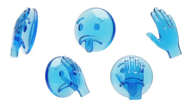 Blue 3D emoji with hand gestures on white representing emotions potentially for digital design or social media use