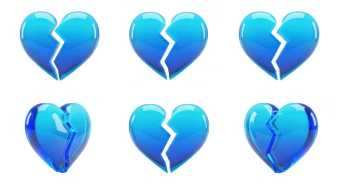 Six blue shattered heart illustrations on a white background representing heartbreak loss or separation for emotional or relationship themes