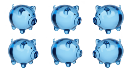 Six clear blue piggy banks stand against a white backdrop suggesting finance savings and investment concepts