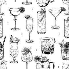 Seamless pattern of hand drawn cocktail glasses with ice citrus garnishes and herbs in vintage sketch style black and white alcoholic drinks background for bar menu wrapping or textile design