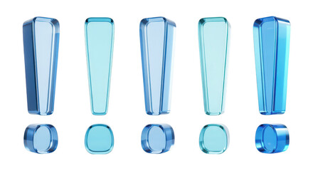Five 3D blue glass exclamation marks on a white background highlighting emphasis alerts or important information