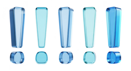 Five 3D blue glass exclamation marks on a white background highlighting emphasis alerts or important information