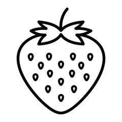 Outline icon of a strawberry fruit with seeds and leaf, in black and white minimalist style.