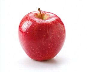 Isolated ripe red apple on pure white background, crisp fresh fruit still life with natural lighting and water droplets, minimalist healthy food concept.