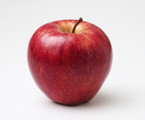 Isolated ripe red apple on pure white background, crisp fresh fruit still life with natural lighting and water droplets, minimalist healthy food concept.