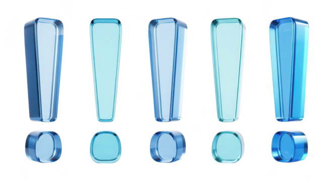Five 3D blue glass exclamation marks on a white background highlighting emphasis alerts or important information