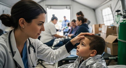 Compassionate Doctor Checking Young Boy's Forehead in Emergency Medical Tent