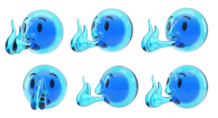 3D blue emoji exhaling water vapor with different expressions set against a clean white background perfect for communication graphics