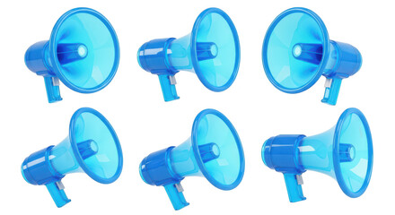 Blue transparent megaphones isolated on a white backdrop arranged in different angles for communication concept Demonstrating announcement promotion or advertising