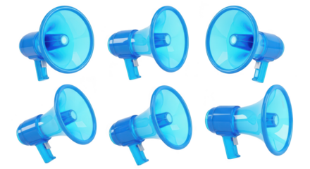 Blue transparent megaphones isolated on a white backdrop arranged in different angles for communication concept Demonstrating announcement promotion or advertising