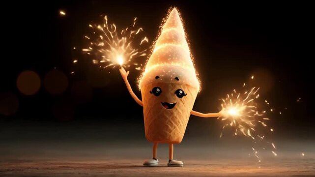 An animated ice cream cone joyfully holds sparklers while dancing in a dark environment filled with excitement