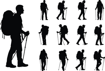 Obraz premium Hiker silhouette with trekking poles, mountain adventure, outdoor fitness concept, nature exploration, walking poses illustration, wilderness journey artwork