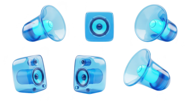 Transparent blue speaker icons arranged creatively on a white background likely for music or audio-related digital media design