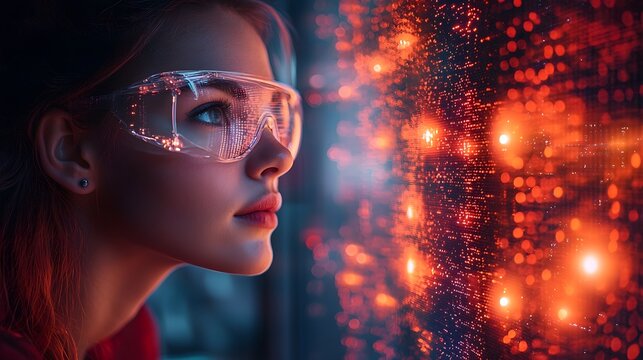 Scientist exploring futuristic photonic engineering in a vibrant laboratory