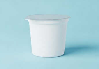 Blank white plastic yogurt cup mockup on light blue background
