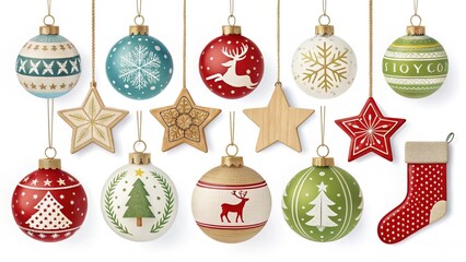  Collection of vintage Christmas ornaments hanging on a white background.
