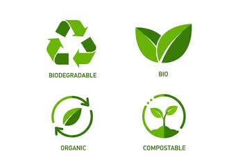 Collection of four green eco friendly symbols and icons for sustainability and nature