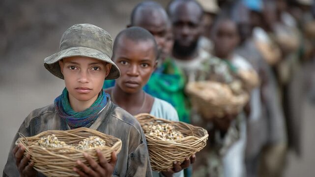 Villagers with Baskets Receiving Essential Items from Volunteers