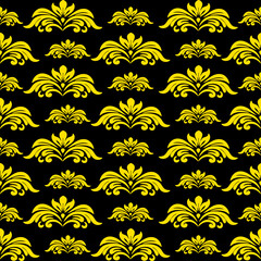 Classic royal fan-style damask pattern in bright yellow on black background. Ideal for luxurious print projects and textile design.