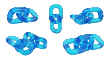 Close-up of blue transparent links connecting on a white backdrop showing different angles suggesting unity or a network