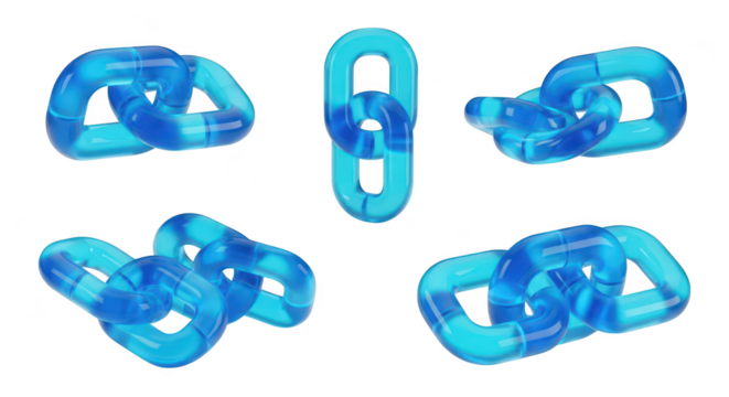 Close-up of blue transparent links connecting on a white backdrop showing different angles suggesting unity or a network