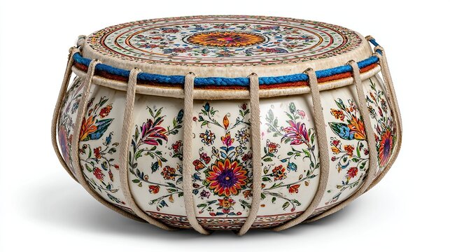 Ornate percussion instrument with colorful floral designs and lacing on white