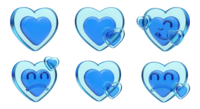 3D blue heart emojis expressing various emotions like love and sadness against a white background suitable for social media and graphic design - Powered by Adobe