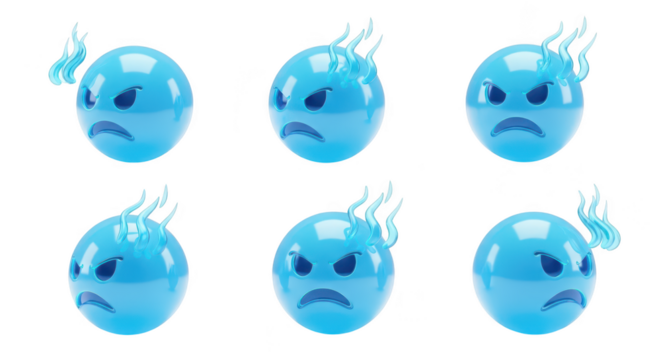 3D blue angry emojis with smoke showcasing anger & frustration on a white background suitable for social media online communication or UI design