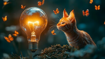 Curious cat chasing glowing lightbulb butterflies