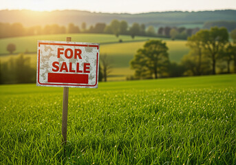 Land for sale with FOR SALE sign in a green field, scenic countryside landscape with rolling hills and sunset.