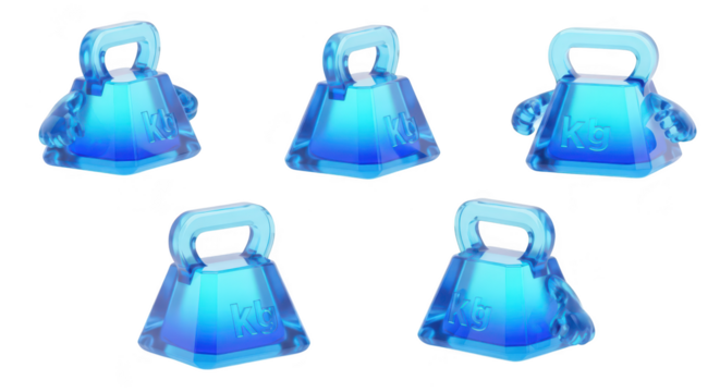 Five translucent blue kilogram weights isolated on white arranged to represent measurement and comparison suitable for weightlifting or health