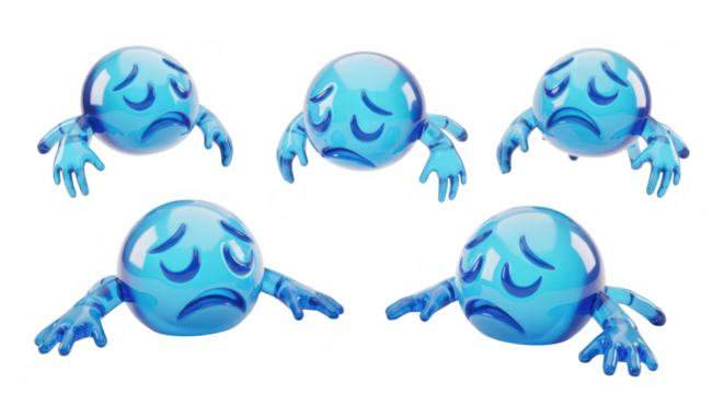 Blue sad sphere characters floating and drooping white background Illustrative for depression anxiety sadness mental health awareness campaigns