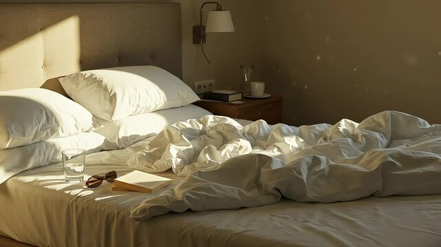 Cozy bedroom scene with rumpled white bedding, sunlight streaming through window, creating warmth