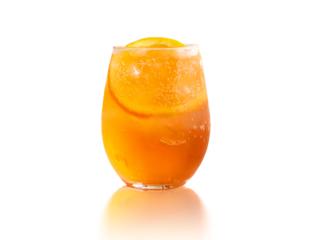 Isolated orange drink with a slice of orange. Spritz cocktail or orange fusion drink. Alcoholic beverage or mocktail in a glass with bubbles. Selective focus. White background.