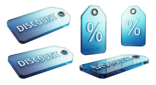 Multiple blue 3D glass discount tags in various angles showcasing percentages and DISCOUNT text symbolizing sales and offers - Powered by Adobe