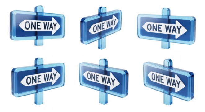 Multiple blue 3D ONE WAY road signs with arrows pointing right signifying direction guidance and singular path