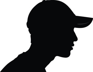 Side profile silhouette of man wearing cap, minimalist black and white illustration, modern portrait, mysterious pose, abstract facial design