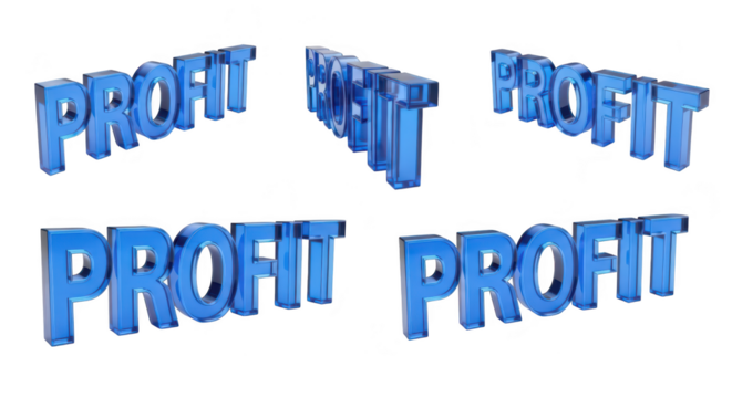 Five distinct 3D blue glass renditions of PROFIT text symbolizing financial gain success and business growth